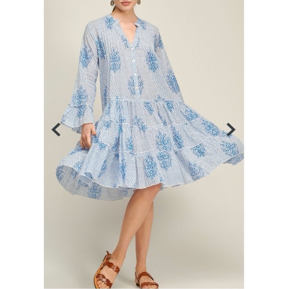 Dream‎ Apparel Blue Lobster Cotton Mini Dress Handprinted Tiered Sz M